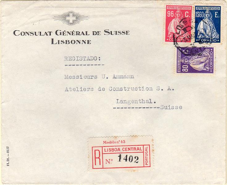 1232.jpg -     Lote:    1232                   Descrição:         1926 &mdash; Ceres. Emissão Londres. Sobrescrito circulado registado de Lisboa (05.03.30) para a Suíça, com selos de 80C, 96C e 1$60, CE410, 411 e 414. MB        Carta       Valor Base:     &euro; 30,00     Valor Venda:     &euro;      