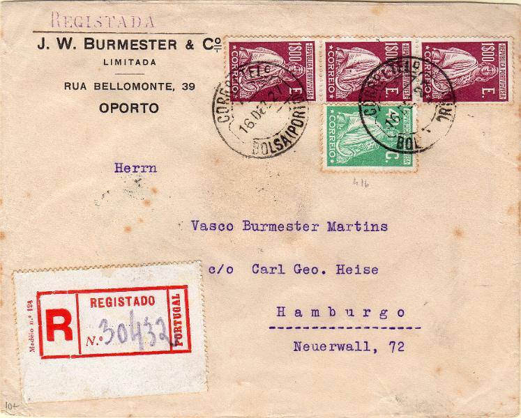 1233.jpg -     Lote:    1233                   Descrição:         1926 &mdash; Ceres. Emissão Londres. Sobrescrito circulado registado do Porto (16.12.27) para Hamburgo com selo de 40C e tira de 3 selos de 1$00, CE406, 412. MB.        Carta       Valor Base:     &euro; 25,00     Valor Venda:     &euro;      