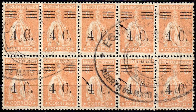 1235.jpg -     Lote:    1235                   Descrição:         1928/29 &mdash; Ceres com sobretaxa. CE451, 4C s/ 8C laranja, papel liso, denteado 12x11 &frac12;. Bloco com 10 selos. Um dos selos com "4" partido. Não catalogado.        O       Valor Base:     &euro; 6,00     Valor Venda:     &euro;      