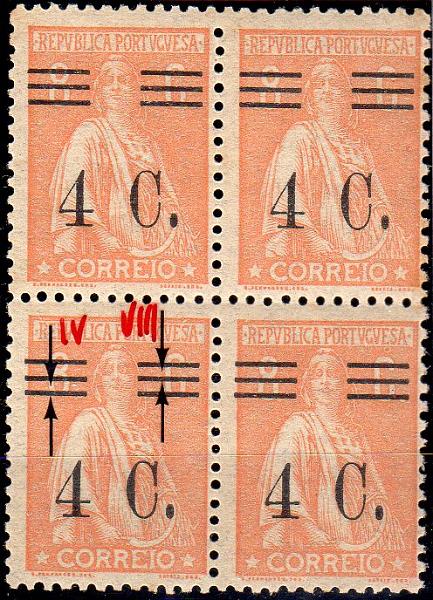 1236.jpg -     Lote:    1236                   Descrição:         1928/29 &mdash; Ceres com sobretaxa. CE451, 4C s/ 8C laranja. Quadra com um selo com barramentos tipos IV e VIII (no mesmo selo). MR. Valor de catálogo &euro; 110,00.        ***       Valor Base:     &euro; 25,00     Valor Venda:     &euro;      