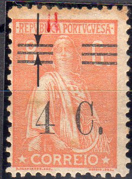 1237.jpg -     Lote:    1237                   Descrição:         1928/29 &mdash; Ceres com sobretaxa. CE451, 4C s/ 8C, laranja, papel liso, denteado 12x11 &frac12;. Selo com barramento tipo II. Selo com mancha. Valor de catálogo &euro; 55,00.        ***       Valor Base:     &euro; 10,00     Valor Venda:     &euro;      