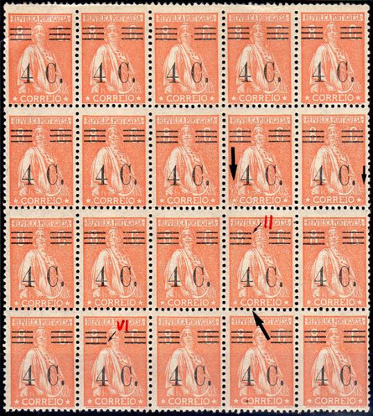 1238.jpg -     Lote:    1238                   Descrição:         1928/29 &mdash; Ceres com sobretaxa. CE451, 4C s/ 8C laranja, papel liso, denteado 12x11 &frac12;. Bloco com 20 selos, com dois selos com barramentos tipos II e VI + variedade de cliché MM XII e MM XI. Valor de catálogo &euro; 135,00 + variedade de cliché.        ***       Valor Base:     &euro; 25,00     Valor Venda:     &euro;      
