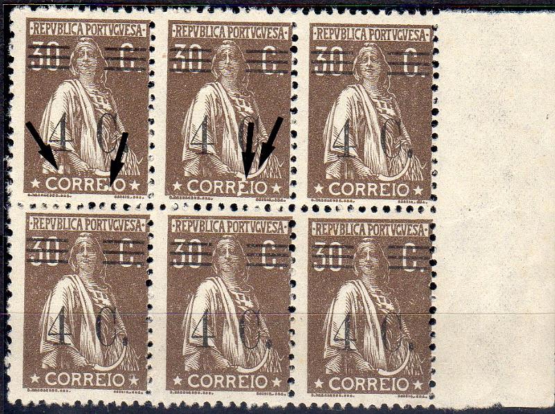 1240.jpg -     Lote:    1240                   Descrição:         1928/29 &mdash; Ceres com sobretaxa. CE452, 4C s/ 30 C castanho, denteado 12x11 &frac12;, papel liso. Bloco com seis selos (3x2), com variedades de cliché MM XXVII (x60) e MM XXII (x40).        ***       Valor Base:     &euro; 15,00     Valor Venda:     &euro;      