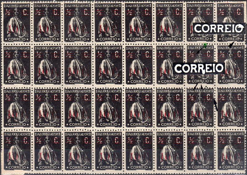 1244.jpg -     Lote:    1244                   Descrição:         1928/29 &mdash; Ceres com sobretaxa. CE454, 10C s/ &frac12; C preto, papel liso, denteado 12x11 &frac12;. Bloco com 32 selos, um deles com barramento tipo II + variedades de cliché MM XII (x60), MM IX (x50) e MM II (x20).        ***       Valor Base:     &euro; 25,00     Valor Venda:     &euro;      