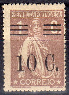1246.jpg -     Lote:    1246                   Descrição:         1928/29 &mdash; Ceres com sobretaxa. CE455, 10C s/ 1C castanho, papel liso, denteado 15x14. Valor de catálogo &euro; 131,00.        **       Valor Base:     &euro; 18,00     Valor Venda:     &euro;      