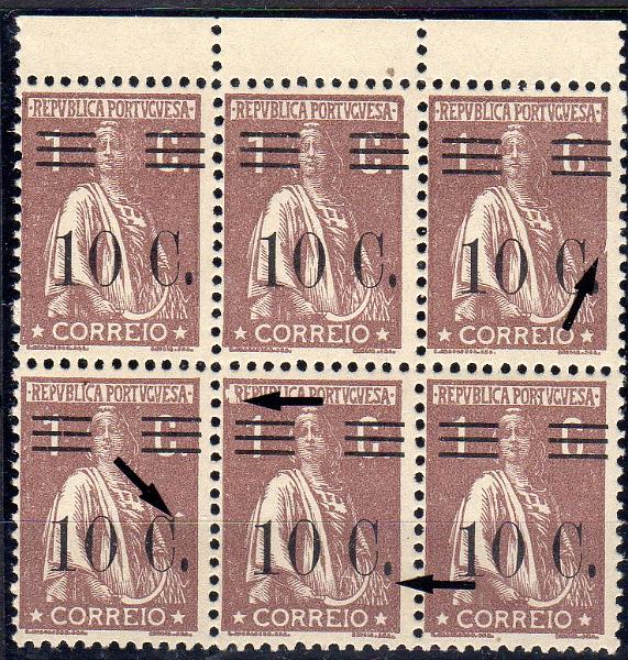 1247.jpg -     Lote:    1247                   Descrição:         1928/29 &mdash; Ceres com sobretaxa. CE455, 10C s/ 1C castanho, papel liso, denteado 12x11 &frac12;. Bloco com 6 selos (3x2) com variedades de cliché MM XVI, MM VII, MM XVIII e MM XIX.        ***       Valor Base:     &euro; 8,00     Valor Venda:     &euro;      