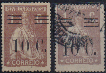 1248.jpg -     Lote:    1248                   Descrição:         1928/29 &mdash; Ceres, com sobretaxa. CE455, 10c s/ 1c castanho, denteado 15x14. Lote de dois selos sendo um em estado de novo e outro usado. Valor de catálogo &euro; 234,00.        **/O       Valor Base:     &euro; 30,00     Valor Venda:     &euro;      