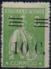 1249.jpg -     Lote:    1249                   Descrição:         1928/29 &mdash; Ceres, com sobretaxa. CE456, 10c s/ 4c verde, denteado 15x14. Valor de catálogo &euro; 156,00.        **       Valor Base:     &euro; 20,00     Valor Venda:     &euro;      