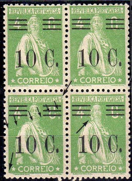1250.jpg -     Lote:    1250                   Descrição:         1928/29 &mdash; Ceres com sobretaxa. CE456, 10C s/ 4C verde, papel liso, denteado 12x11 &frac12;. Quadra com variedade de cliché MM XXIII.(x80).        ***       Valor Base:     &euro; 10,00     Valor Venda:     &euro;      