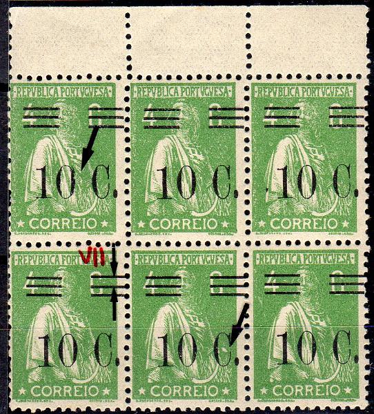 1251.jpg -     Lote:    1251                   Descrição:         1928/29 &mdash; Ceres com sobretaxa. CE456, 10C s/ 4C verde, papel liso, denteado 12x11 &frac12;. Bloco com seis selos (3x2) com um dos selos com barramento tipo VII, sobrecarga ligeiramente deslocada e variedade de cliché MM XXIII.        ***       Valor Base:     &euro; 20,00     Valor Venda:     &euro;      