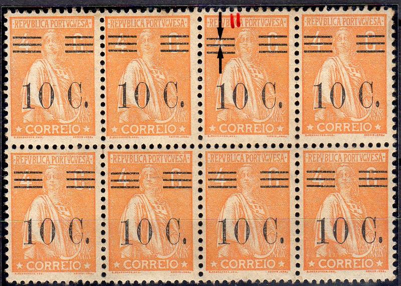 1252.jpg -     Lote:    1252                   Descrição:         1928/29 &mdash; Ceres com sobretaxa. CE457, 10C s/ 4C laranja, papel liso, denteado 12x11 &frac12;. Bloco horizontal com 8 selos (4x2), um dos selos com barramento tipo II. Valor de catálogo &euro; 65,00.        ***       Valor Base:     &euro; 20,00     Valor Venda:     &euro;      