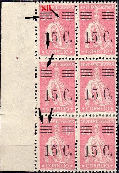 1255.jpg -     Lote:    1255                   Descrição:         1928/29 &mdash; Ceres com sobretaxa. CE463, 15C s/ 25C rosa, papel liso, denteado 12x11 &frac12;. Bloco vertical de seis selos (2x3), um dos selos com barramento tipo XII + 3 selos com variedade de cliché MM VIII (x50). MM XI (x50).        ***       Valor Base:     &euro; 20,00     Valor Venda:     &euro;      