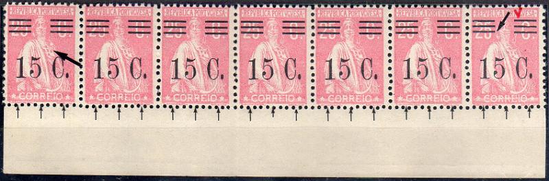 1256.jpg -     Lote:    1256                   Descrição:         1928/29 &mdash; Ceres com sobretaxa. CE463, 15C s/ 25C rosa, papel liso, denteado 12x11 &frac12;. Tira horizontal com 7 selos, fundo de folha, denteado deslocado (selo mais curto) e barramento tipo V + variedade de cliché MM XII (x15).        ***       Valor Base:     &euro; 20,00     Valor Venda:     &euro;      