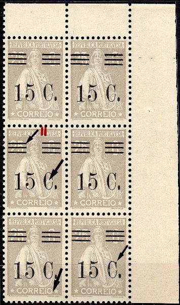 1257.jpg -     Lote:    1257                   Descrição:         1928/29 &mdash; Ceres com sobretaxa. CE464, 15C s/ 25C cinzento, denteado 12x11 &frac12;, papel liso. Bloco vertical de seis selos (3x2) com barramento tipo II + variedades de cliché MM IV (x30) e MM VII (x30).        ***       Valor Base:     &euro; 20,00     Valor Venda:     &euro;      