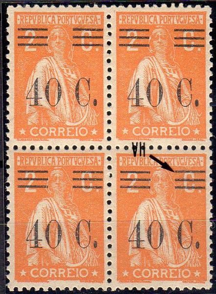 1258.jpg -     Lote:    1258                   Descrição:         1928/29 &mdash; Ceres com sobretaxa. CE466, 40C s/ 2C laranja, papel liso, denteado 12x11 &frac12;. Quadra com selo com barramento tipo VII (NÃO CATALOGADO).        ***       Valor Base:     &euro; 20,00     Valor Venda:     &euro;      