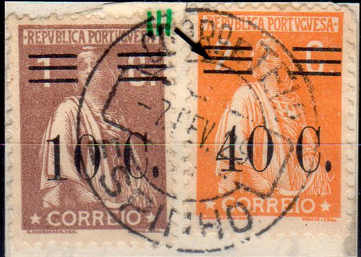 1260.jpg -     Lote:    1260                   Descrição:         1928/29 &mdash; Ceres com sobretaxa. CE455, 10C s/ 1C castanho e CE466, 40C s/ 2C laranja com barramento tipo III em fragmento obliterado com carimbo de Espinho.        FRG       Valor Base:     &euro; 10,00     Valor Venda:     &euro;      