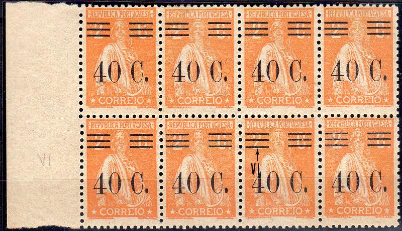 1261.jpg -     Lote:    1261                   Descrição:         1928/29 &mdash; Ceres com sobretaxa. CE466, 40C s/ 2 C laranja, papel liso, denteado 12x11 &frac12;. Bloco com 8 selos (4x2) com um selo com barramento tipo VI.        ***       Valor Base:     &euro; 15,00     Valor Venda:     &euro;      