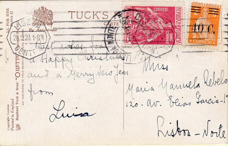 1262.jpg -     Lote:    1262                   Descrição:         1925/29 &mdash; Ceres, com sobretaxa + Imposto postal "Para os Pobres". Postal ilustrado circulado em Lisboa (28.12.23) com selo de 40C s/ 2C CE466 + 15C CE IP10.        PI       Valor Base:     &euro; 16,00     Valor Venda:     &euro;      