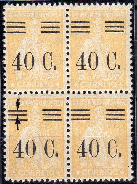 1263.jpg -     Lote:    1263                   Descrição:         1928/29 &mdash; Ceres com sobretaxa. CE467, 40C s/ 2 C amarelo, papel liso, denteado 12x11 &frac12;. Quadra com um selo com barramento tipo II. Valor de catálogo &euro; 140,80        ***       Valor Base:     &euro; 30,00     Valor Venda:     &euro;      