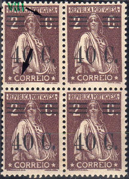 1264.jpg -     Lote:    1264                   Descrição:         1928/29 &mdash; Ceres com sobretaxa. CE468, 40C s/ 2 C chocolate, papel liso, denteado 12x11 &frac12;. Quadra com um selo com barramento tipo VIII. Valor de catálogo &euro; 60,00.        ***       Valor Base:     &euro; 15,00     Valor Venda:     &euro;      