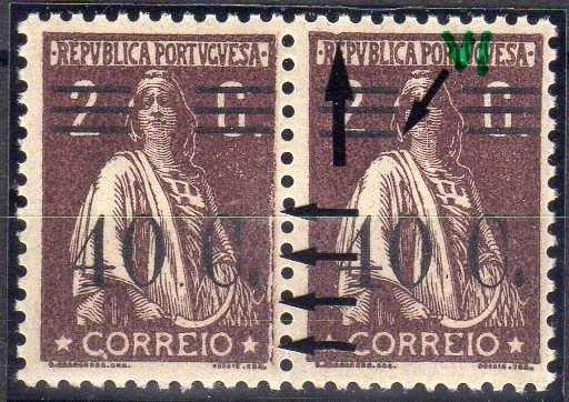 1265.jpg -     Lote:    1265                   Descrição:         1928/29 &mdash; Ceres com sobretaxa. CE468, 40C s/ 2 C chocolate, papel liso, denteado 12x11 &frac12;. Par horizontal com selo com barramento tipo VI e variedades de cliché MM V (x20) e MM I (x10).        ***       Valor Base:     &euro; 25,00     Valor Venda:     &euro;      