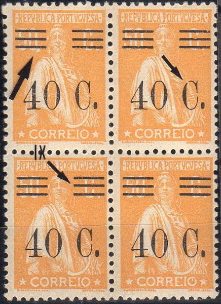 1269.jpg -     Lote:    1269                   Descrição:         1928/29 &mdash; Ceres com sobretaxa. CE470, 40C s/ 50 C amarelo laranja, papel liso, denteado 12x11 &frac12;. Quadra com selo com barramento tipo IX + variedade de cliché MM VI (x25) e "C" partido.        ***       Valor Base:     &euro; 20,00     Valor Venda:     &euro;      