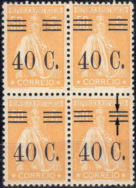 1270.jpg -     Lote:    1270                   Descrição:         1928/29 &mdash; Ceres com sobretaxa. CE470, 40C s/ 50C amarelo laranja, papel liso, denteado 12x11 &frac12;. Quadra com selo com barramento tipo VIII. Valor de catálogo &euro; 64,80.        ***       Valor Base:     &euro; 20,00     Valor Venda:     &euro;      