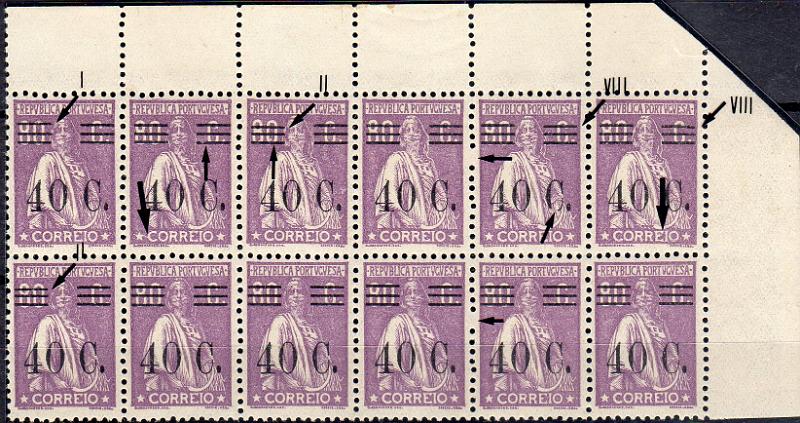 1271.jpg -     Lote:    1271                   Descrição:         1928/29 &mdash; Ceres com sobretaxa. CE474, 40C s/ 80C violeta, papel acetinado, denteado 12x11 &frac12;. Bloco horizontal com 12 selos: Um selo com barramento tipo I; dois com barramento tipo II; dois com barramentos tipo VIII + variedades de cliché MM VIII (x25), MM IX (x30). Valor de catálogo apenas das variedades de barramento &euro; 375,00.        ***       Valor Base:     &euro; 60,00     Valor Venda:     &euro;      