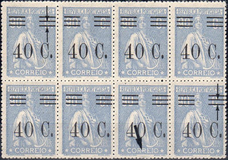 1275.jpg -     Lote:    1275                   Descrição:         1928/29 &mdash; Ceres com sobretaxa. CE475, 40C s/ 90C azul claro, denteado 15x14. Bloco de 8 selos com dois selos com barramentos tipo IX e XII. Valor de catálogo &euro; 392,00        ***       Valor Base:     &euro; 80,00     Valor Venda:     &euro;      