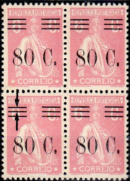 1276.jpg -     Lote:    1276                   Descrição:         1928/29 &mdash; Ceres com sobretaxa. CE477, 80C s/ 6C rosa, denteado 12x11 &frac12;, papel cartolina. Quadra. Um dos selos com barramento tipo II, não catalogado em papel cartolina. Valor de catálogo &euro; 135,00.        ***       Valor Base:     &euro; 30,00     Valor Venda:     &euro;      