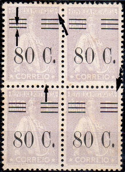 1277.jpg -     Lote:    1277                   Descrição:         1928/29 &mdash; Ceres com sobretaxa. CE483, 80C s/ 1$50 lilás, denteado 12x11 &frac12;, papel lustrado. Quadra com: um selo com barramento tipo V + variedades de cliché MM II (x20) e MM I (x10). B e R.        ***       Valor Base:     &euro; 40,00     Valor Venda:     &euro;      