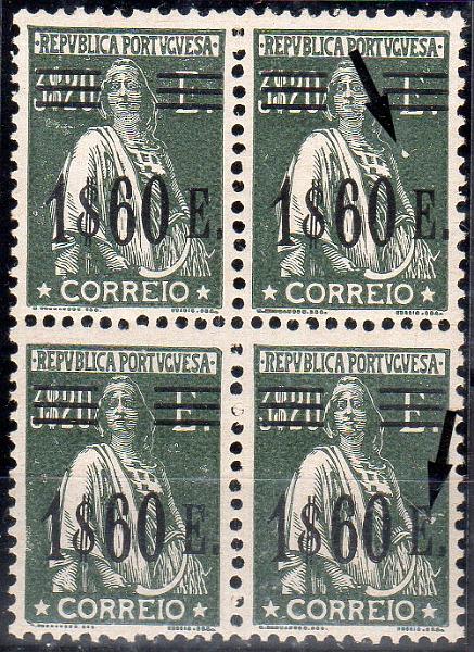 1278.jpg -     Lote:    1278                   Descrição:         1928/29 &mdash; Ceres com sobretaxa. CE486, 1$60 s/ 3$20 verde oliva. Quadra. Dois selos com variedades de cliché não catalogadas. Valor de catálogo dos selos &euro; 112,00.        ***       Valor Base:     &euro; 22,00     Valor Venda:     &euro;      