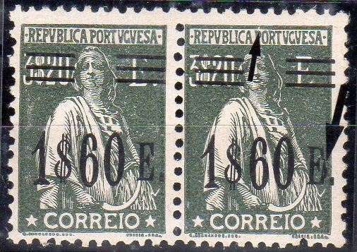 1279.jpg -     Lote:    1279                   Descrição:         1928/29 &mdash; Ceres com sobretaxa. CE486, 1$60 s/ 3$20 verde oliva. Par horizontal, um dos selos com variedade de cliché não catalogada e com o "E" do valor da sobrecarga "fechado". Valor de catálogo &euro; 56,00        ***       Valor Base:     &euro; 15,00     Valor Venda:     &euro;      