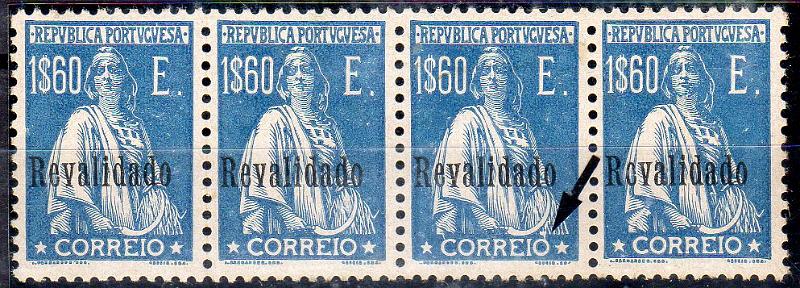 1283.jpg -     Lote:    1283                   Descrição:         1929 &mdash; Ceres, com sobrecarga "Revalidado". CE493, 1$60 azul-claro. Tira horizontal de quatro selos. Um dos selos (terceiro) com variedade de cliché não catalogada. Valor de catálogo &euro; 264,00        ***       Valor Base:     &euro; 40,00     Valor Venda:     &euro;      