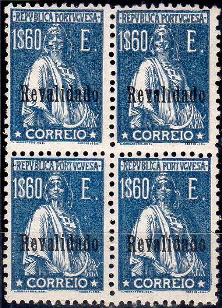 1284.jpg -     Lote:    1284                   Descrição:         1929 &mdash; Ceres, com sobrecarga "Revalidado". CE493, 1$60 azul-escuro. Quadra. Valor de catálogo &euro; 264,00        ***       Valor Base:     &euro; 35,00     Valor Venda:     &euro;      