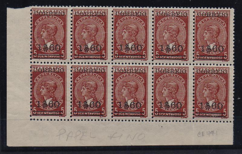 1285.jpg -     Lote:    1285                   Descrição:         1929 - Imposto Telegráfico, com sobretaxa. CE494, 1$60 s/ 5c castanho, papel fino. Bloco de 10 selos canto de folha. Valor de catálogo &euro; 2.600,00.         ***       Valor Base:     &euro; 400,00     Valor Venda:     &euro;      