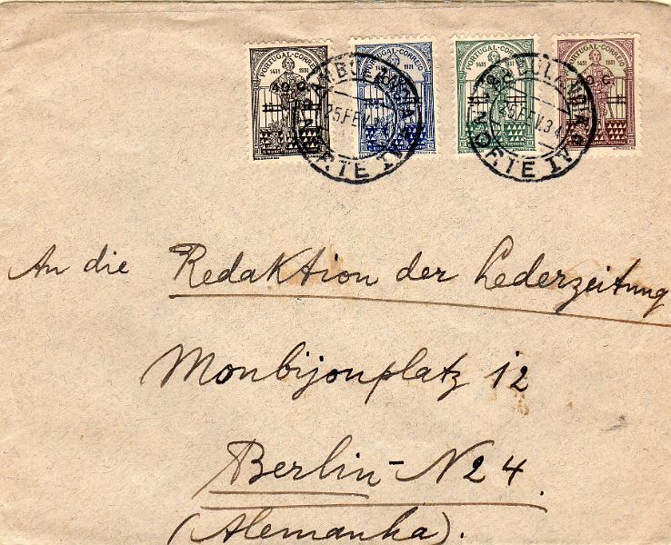 1287.jpg -     Lote:    1287                   Descrição:         1933 - 5.º Centenário da Morte de D. Nuno Alvares Pereira, com sobretaxa. Sobrescrito circulado de Lisboa (25.02.34) para a Alemanha, com selos CE549, 550, 552 e 553. MB.        Carta       Valor Base:     &euro; 30,00     Valor Venda:     &euro;      