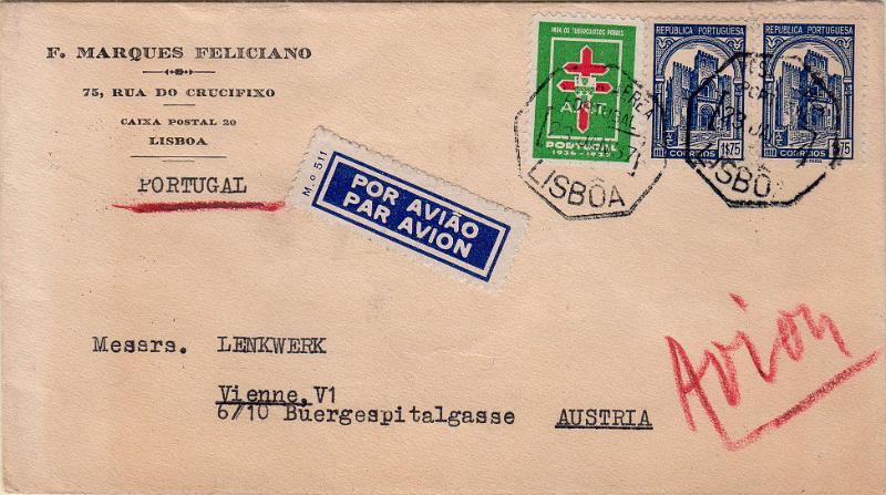 1291.jpg -     Lote:    1291                   Descrição:         1935 &mdash; Sé de Coimbra + vinheta da ANT. Sobrescrito circulado de Lisboa (23.01.37) para Viena com dois selos de 1$75 CE575 + vinheta da ANT de 1936/37. MB.        Carta       Valor Base:     &euro; 24,00     Valor Venda:     &euro;      