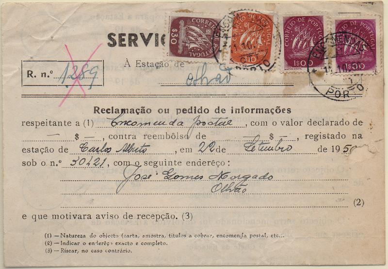 1294.jpg -     Lote:    1294                   Descrição:         1943 &mdash; Caravela. Pedido de informação ou reclamação respeitante a encomenda postal remetido do Porto (11.10.50) para Olhão (13.10.50) com selos de $10, $30 e 2x1$00, CE618, 621 e 624. Furos de arquivo. Raro.        DOC       Valor Base:     &euro; 15,00     Valor Venda:     &euro;      