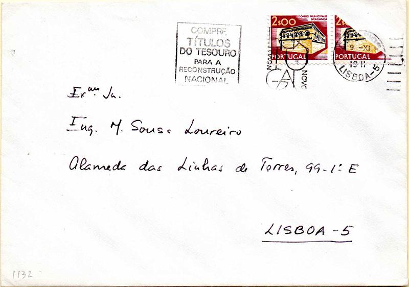 1315.jpg -     Lote:    1315                   Descrição:         1972/74 &mdash; Paisagens e Monumentos. Sobrescrito circulado em Lisboa (09.11.76) com selo de 2$00 + selo bipartido de 2$00 CE1132, para completar o porte de 3$00.         Carta       Valor Base:     &euro; 25,00     Valor Venda:     &euro;      