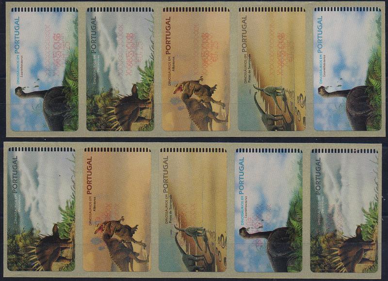 1321.jpg -     Lote:    1321                   Descrição:         1999 &mdash; Dinossáurios em Portugal. CE ETQ19. Duas tiras de 5 etiquetas com impressão de duplo valor 50$ / 0,25&euro; a vermelho e anuladas por XXX.        ETQ       Valor Base:     &euro; 40,00     Valor Venda:     &euro;      