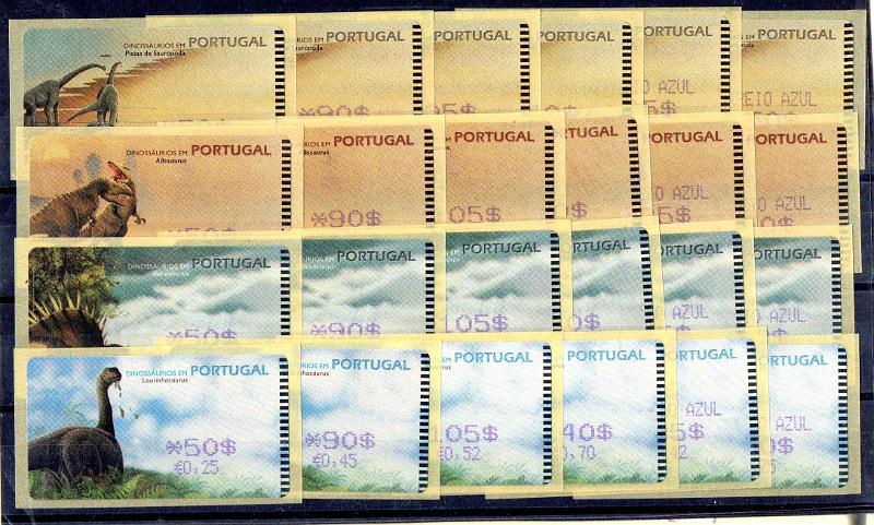 1322.jpg -     Lote:    1322                   Descrição:         2000 &mdash; Dinossáurios em Portugal. Máquina AMIEL. CE ETQ 19A. Correio normal + correio azul com dupla afixação da taxa, com um recibo por cada série. Total de 24 etiquetas. Valor de catálogo Joaquim Maçãs &euro; 440,00.        ETQ       Valor Base:     &euro; 60,00     Valor Venda:     &euro;      