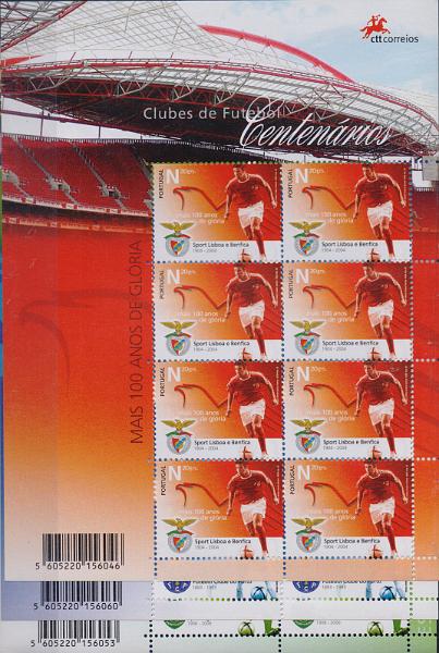 1326.jpg -     Lote:    1326                   Descrição:         2004 &mdash; Clubes Centenários. Lote de 3 folhas uma de cada um dos clubes: Sport Lisboa e Benfica, Futebol Clube do Porto e Sporting Clube de Portugal.        FM       Valor Base:     &euro; 20,00     Valor Venda:     &euro;      