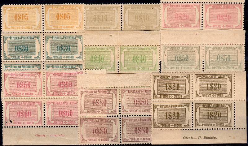 1329.jpg -     Lote:    1329                   Descrição:         1932/33 &mdash; Porteado. Tipo "Etiqueta". CE POR45/53. Série completa em quadras. Um dos selos da quadra de 0$60 com defeito (furo). Valor de catálogo &euro; 360,00.        ***       Valor Base:     &euro; 40,00     Valor Venda:     &euro;      