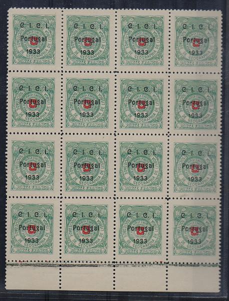 1342.jpg -     Lote:    1342                   Descrição:         1933 &mdash; Porte Franco. Sociedade de Geografia de Lisboa, com sobrecarga "C. I. C I.", tipo "B", CE16. Bloco com 16 selos. Valor de catálogo &euro; 1.280,00         ***       Valor Base:     &euro; 140,00     Valor Venda:     &euro;      