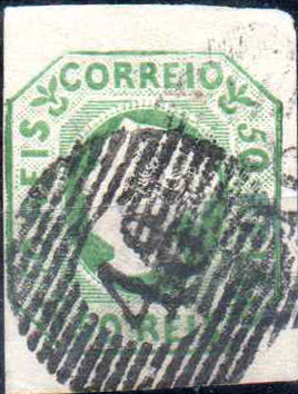 1345.jpg -     Lote:    1345                   Descrição:         1853 &mdash; D. Maria I. Precursores. 50 reis verde, com duas margens excepcionais e duas normais, obliterado com carimbo numérico da 1.ª reforma de 20 barras "48 &mdash; ANGRA", batido a preto. Valor de catálogo &euro; 2.050,00.        O       Valor Base:     &euro; 150,00     Valor Venda:     &euro;      