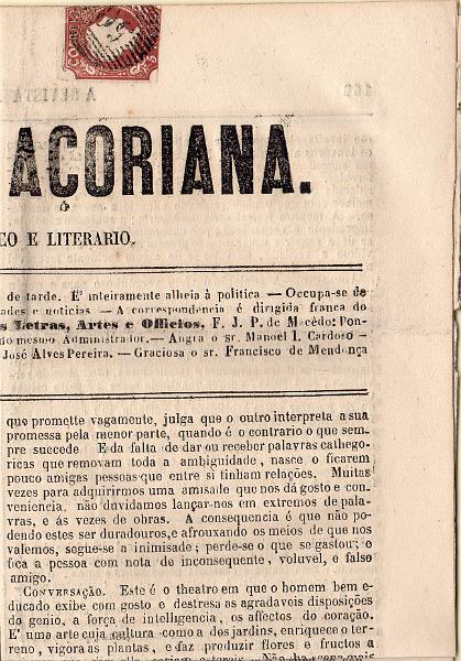 1348.jpg -     Lote:    1348                   Descrição:         1855/56 &mdash; D. Pedro V. Cabelos lisos. CE5, 5 reis castanho-vermelho sobre jornal "A Revista Açoriana" de 08.10.55. Selo aparado no bordo direito, obliterado com carimbo numérico de 20 barras "50 &mdash; PONTA DELGADO".        JRN       Valor Base:     &euro; 40,00     Valor Venda:     &euro;      