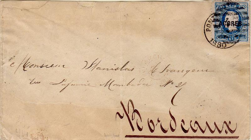 1351.jpg -     Lote:    1351                   Descrição:         1868/70 &mdash; D. Luís I. Fita curva, denteados. Com sobrecarga "AÇORES" tipo A. Sobrescrito circulado de Ponta Delgada para Bordéus, com selo de 120 reis azul, CE14.        Carta       Valor Base:     &euro; 50,00     Valor Venda:     &euro;      