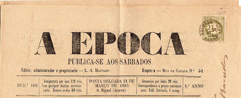 1353.jpg -     Lote:    1353                   Descrição:         1882 &mdash; Jornaes. Selos do Continente com sobrescarga AÇORES pequena. CE46, 2 &frac12; reis denteado 12 &frac12;, papel liso em jornal "A ÉPOCA" circulado de Ponta Delgada (31.03.85). MB.        JRN       Valor Base:     &euro; 10,00     Valor Venda:     &euro;      