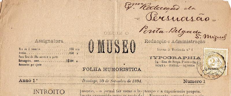 1354.jpg -     Lote:    1354                   Descrição:         1882 &mdash; Jornaes. Selos do Continente com sobrecarga "AÇORES". Jornal "O Museo" n.º 1 de 30.09.1894 circulado da Horta (08.10.94) para Ponta Delgada (12.10.94) com selo de 2 &frac12; bistre, denteado 11 &frac12;, papel porcelana CE46.        JRN       Valor Base:     &euro; 20,00     Valor Venda:     &euro;      